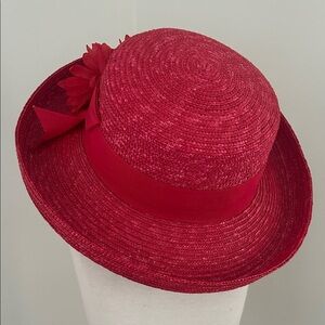 Betmar Red Straw Sun Hat with Ribbon and Flower Accent